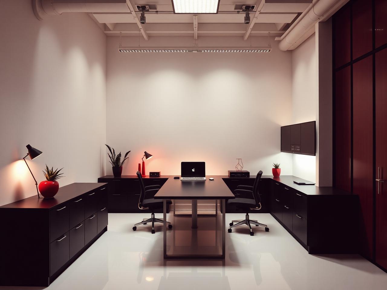 Winning Daily Marketing studio: a high-contrast minimal workspace with red accents